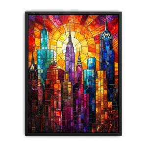 vibrant stained glass city skyline sunset wall art with glowing sunburst modern luxury canvas decor