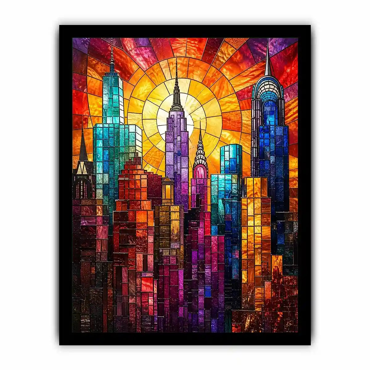 vibrant stained glass city skyline sunset wall art with glowing sunburst modern luxury canvas decor