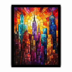 vibrant stained glass city skyline sunset wall art with glowing sunburst modern luxury canvas decor