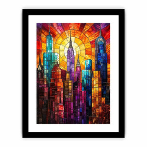 vibrant stained glass city skyline sunset wall art with glowing sunburst modern luxury canvas decor