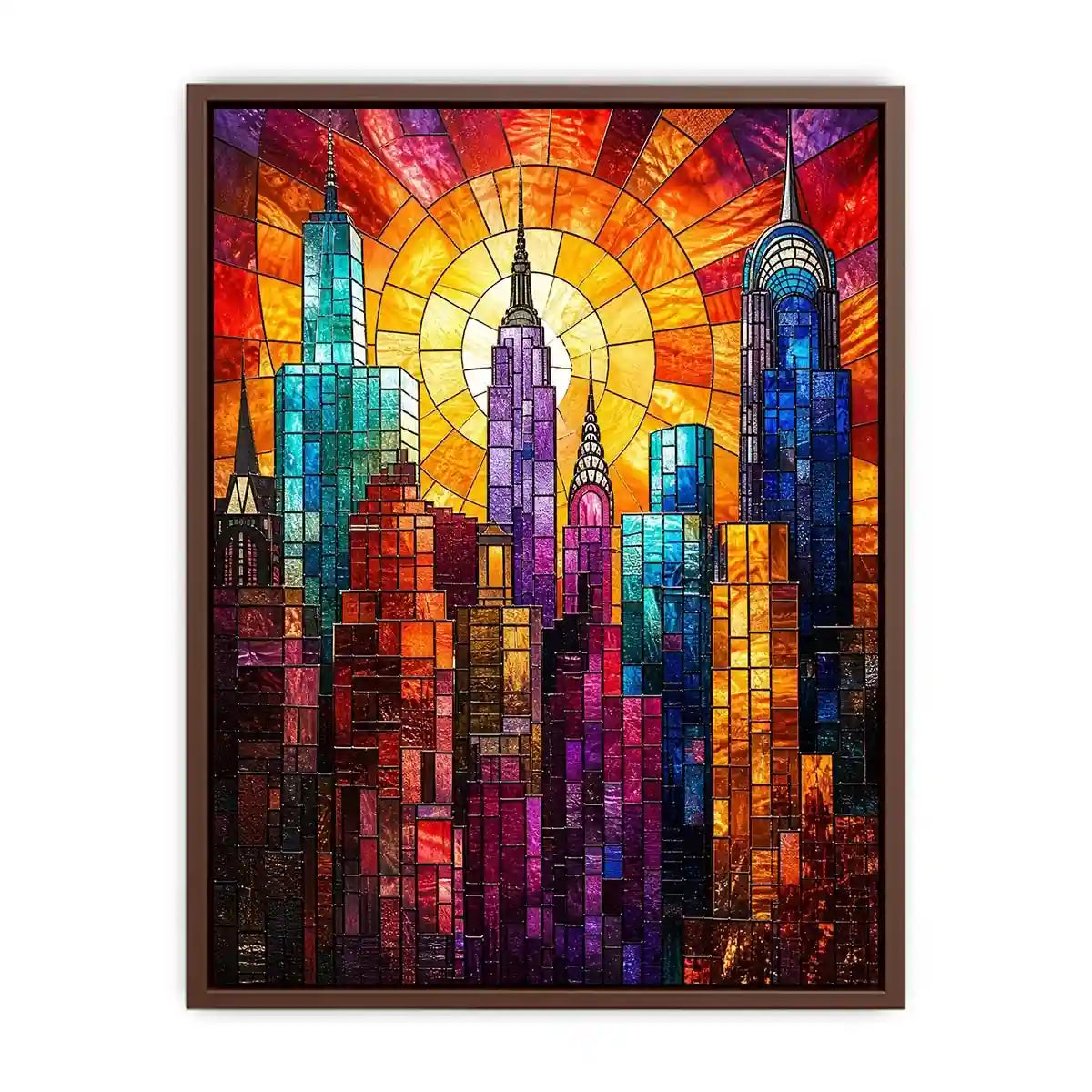 vibrant stained glass city skyline sunset wall art with glowing sunburst modern luxury canvas decor