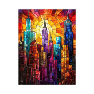 vibrant stained glass city skyline sunset wall art with glowing sunburst modern luxury canvas decor