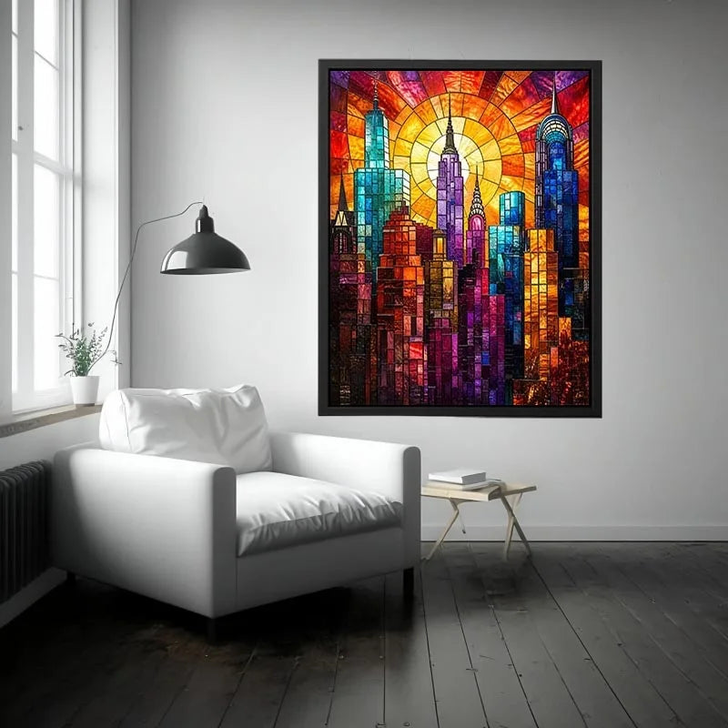 vibrant stained glass city skyline sunset wall art with glowing sunburst modern luxury canvas decor