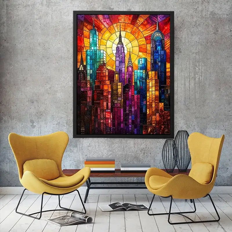 vibrant stained glass city skyline sunset wall art with glowing sunburst modern luxury canvas decor