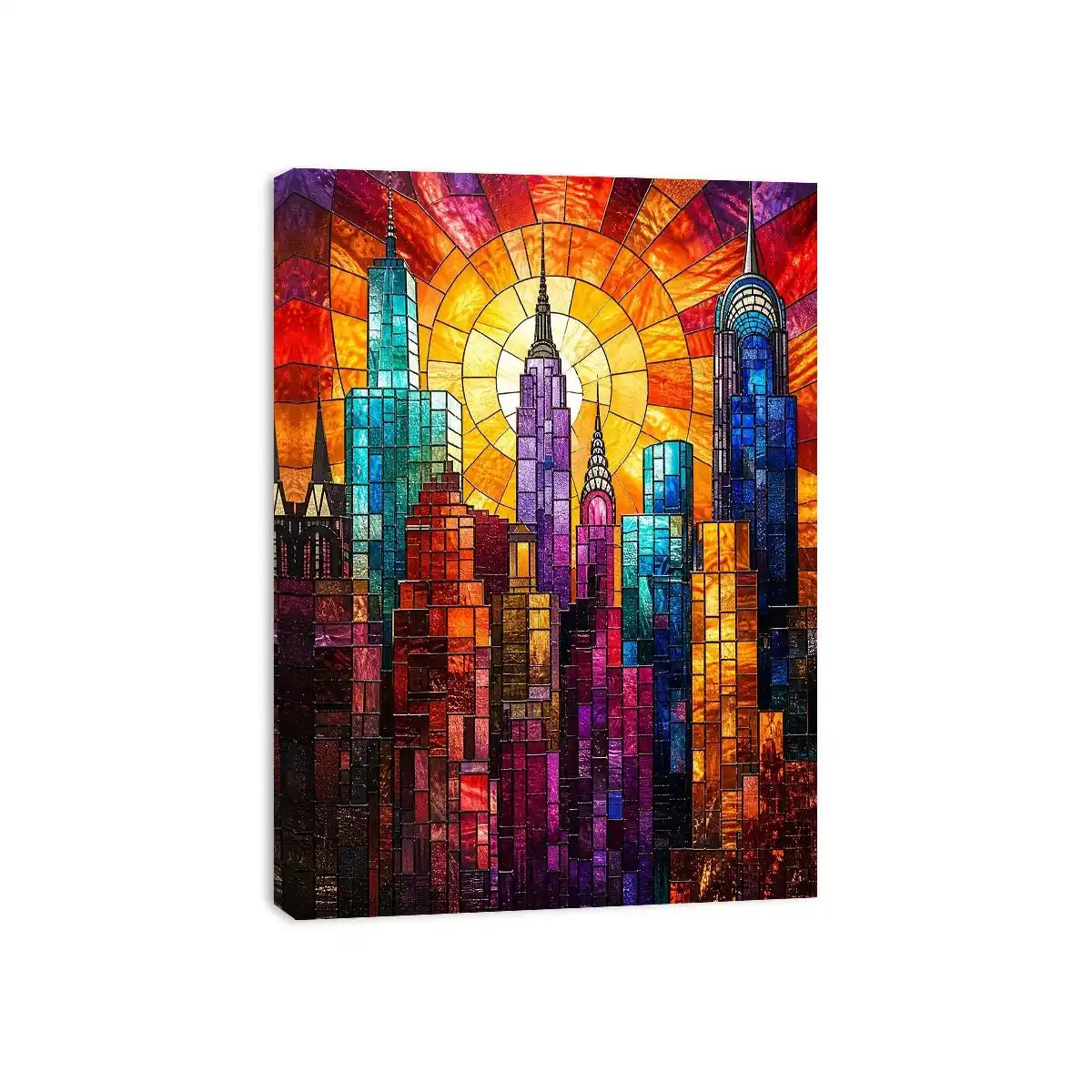 vibrant stained glass city skyline sunset wall art with glowing sunburst modern luxury canvas decor