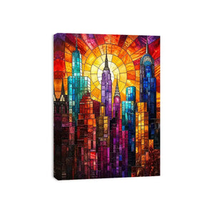 vibrant stained glass city skyline sunset wall art with glowing sunburst modern luxury canvas decor