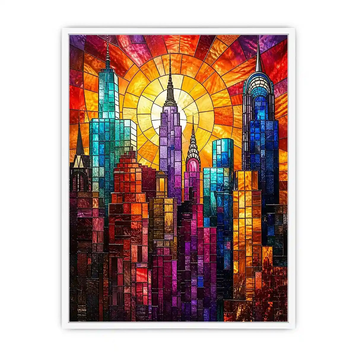 vibrant stained glass city skyline sunset wall art with glowing sunburst modern luxury canvas decor