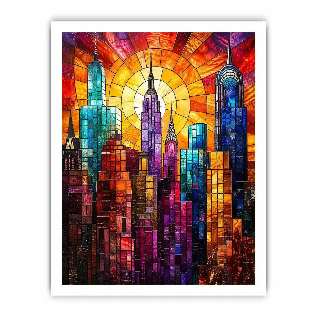 vibrant stained glass city skyline sunset wall art with glowing sunburst modern luxury canvas decor