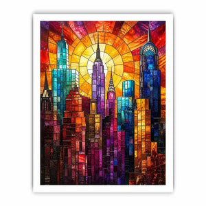 vibrant stained glass city skyline sunset wall art with glowing sunburst modern luxury canvas decor