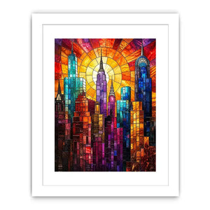 vibrant stained glass city skyline sunset wall art with glowing sunburst modern luxury canvas decor