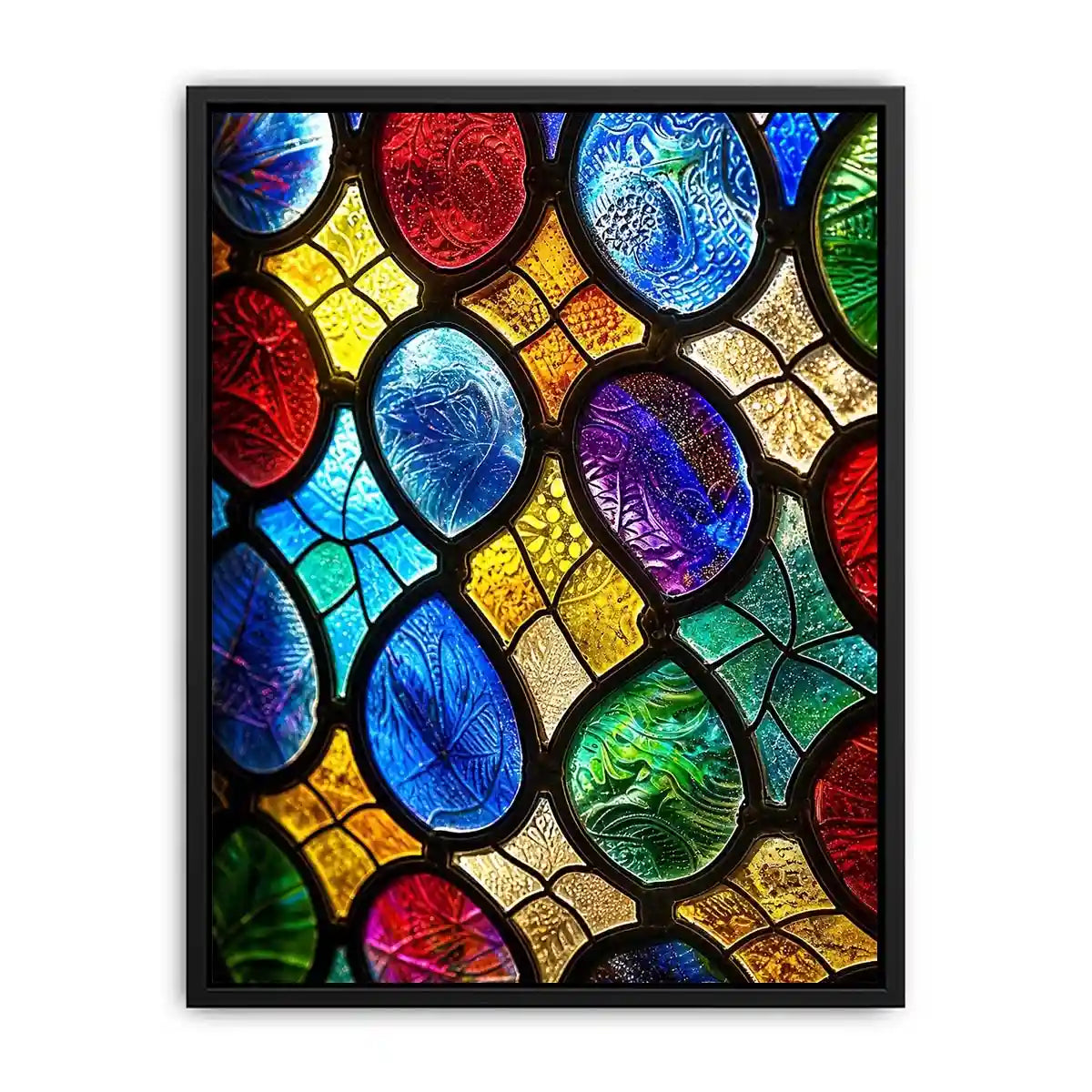 bright colorful stained glass abstract wall art with vibrant mosaic pattern and glowing light texture
