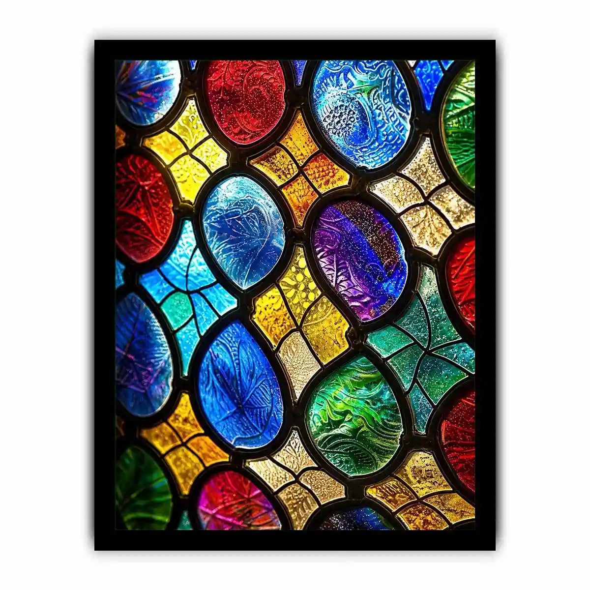bright colorful stained glass abstract wall art with vibrant mosaic pattern and glowing light texture