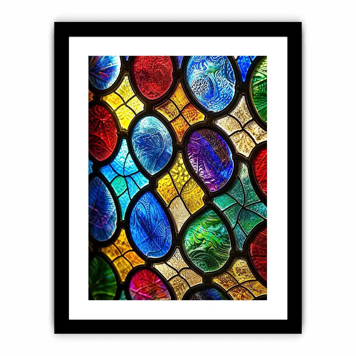 bright colorful stained glass abstract wall art with vibrant mosaic pattern and glowing light texture