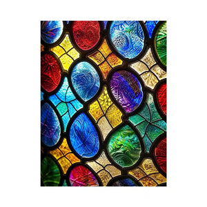 bright colorful stained glass abstract wall art with vibrant mosaic pattern and glowing light texture