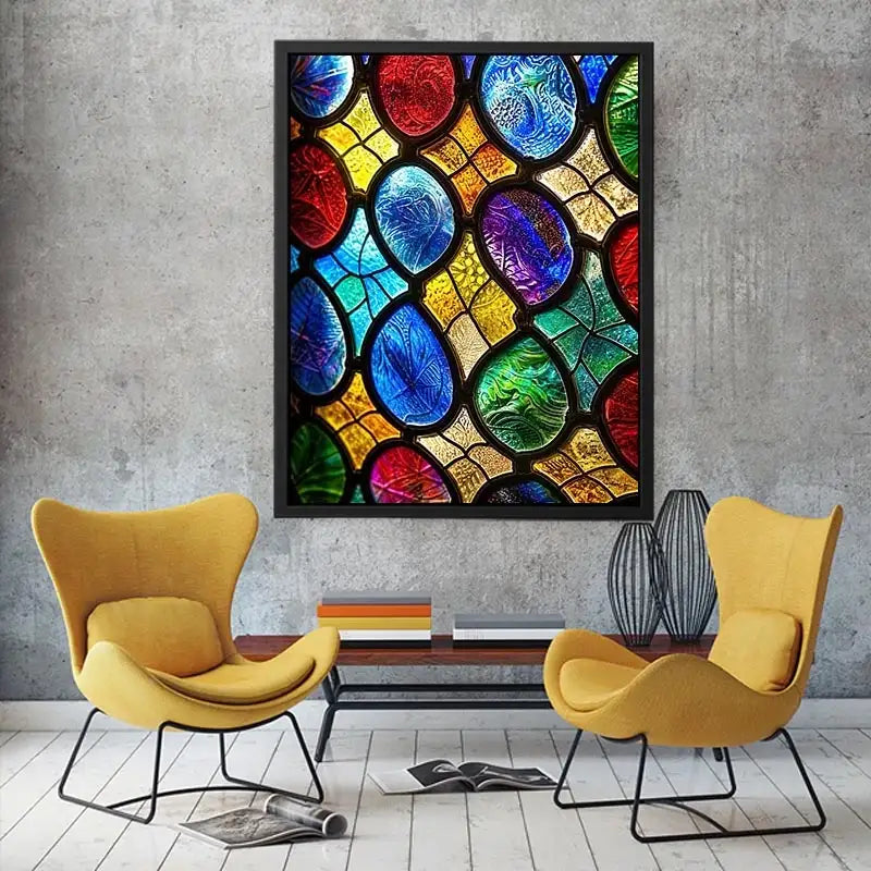 bright colorful stained glass abstract wall art with vibrant mosaic pattern and glowing light texture