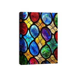 bright colorful stained glass abstract wall art with vibrant mosaic pattern and glowing light texture