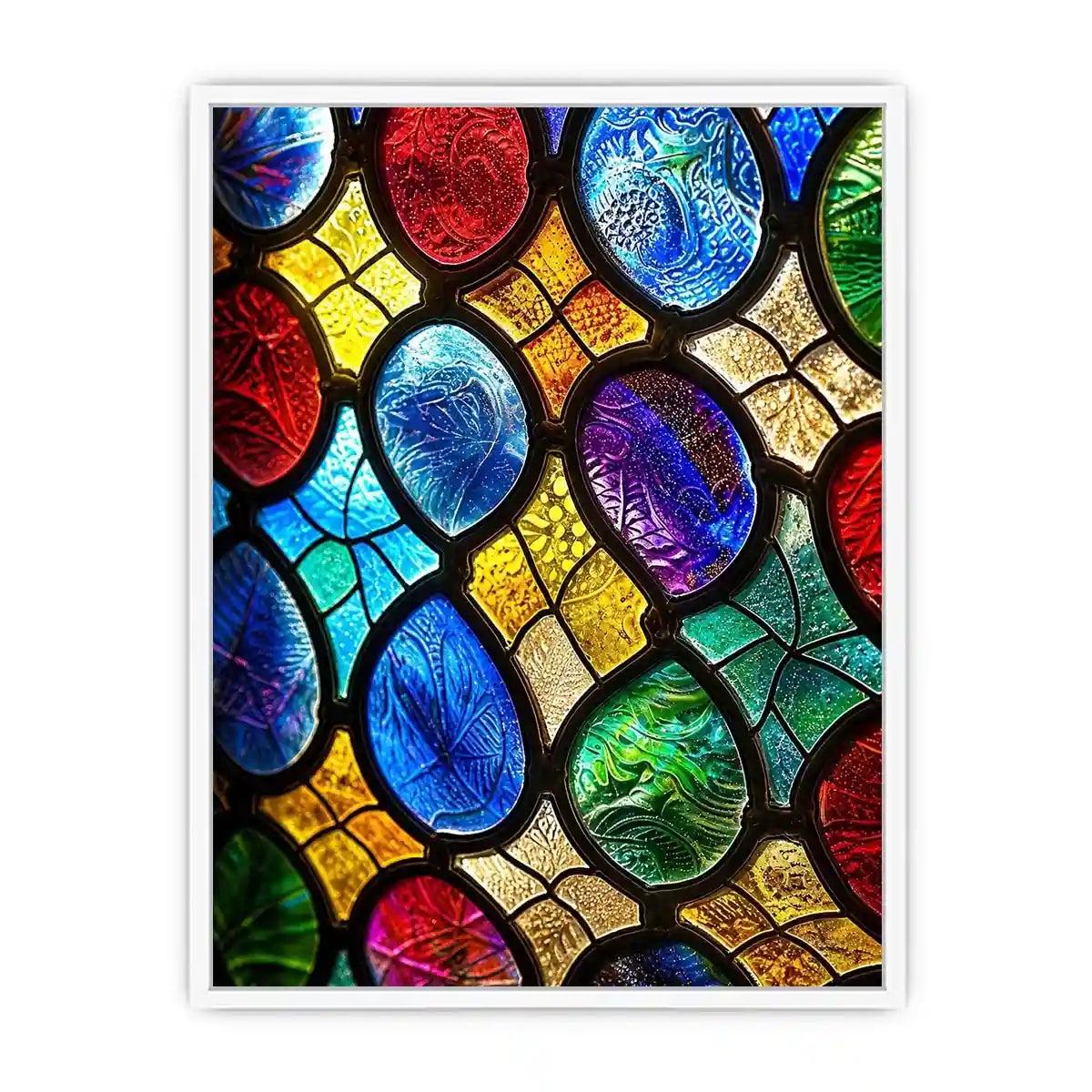 bright colorful stained glass abstract wall art with vibrant mosaic pattern and glowing light texture