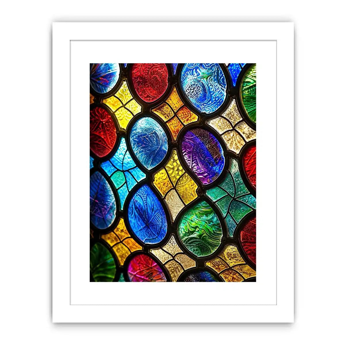 bright colorful stained glass abstract wall art with vibrant mosaic pattern and glowing light texture