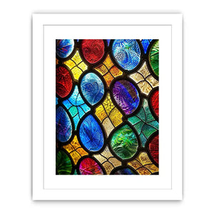 bright colorful stained glass abstract wall art with vibrant mosaic pattern and glowing light texture