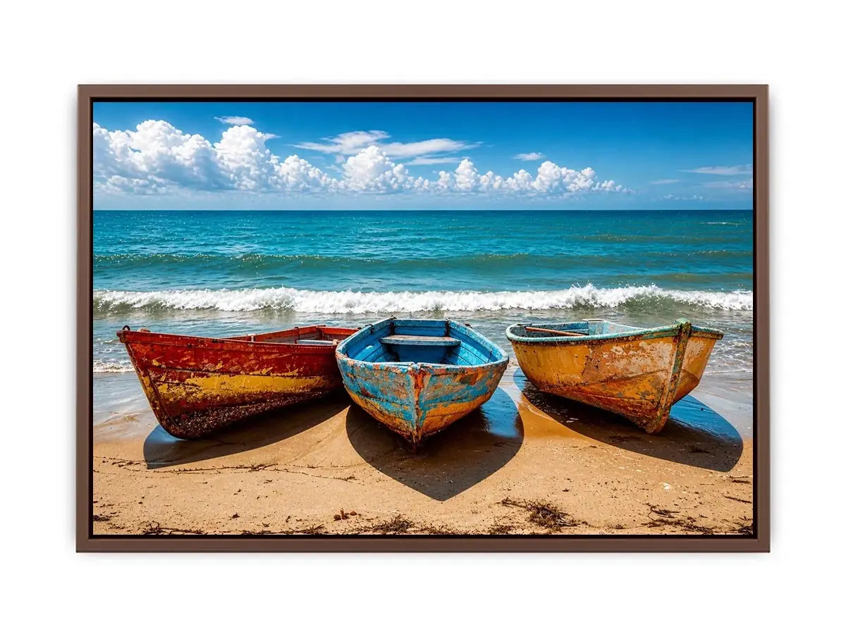 Colorful fishing boats resting on a sandy beach with turquoise ocean and clear sky