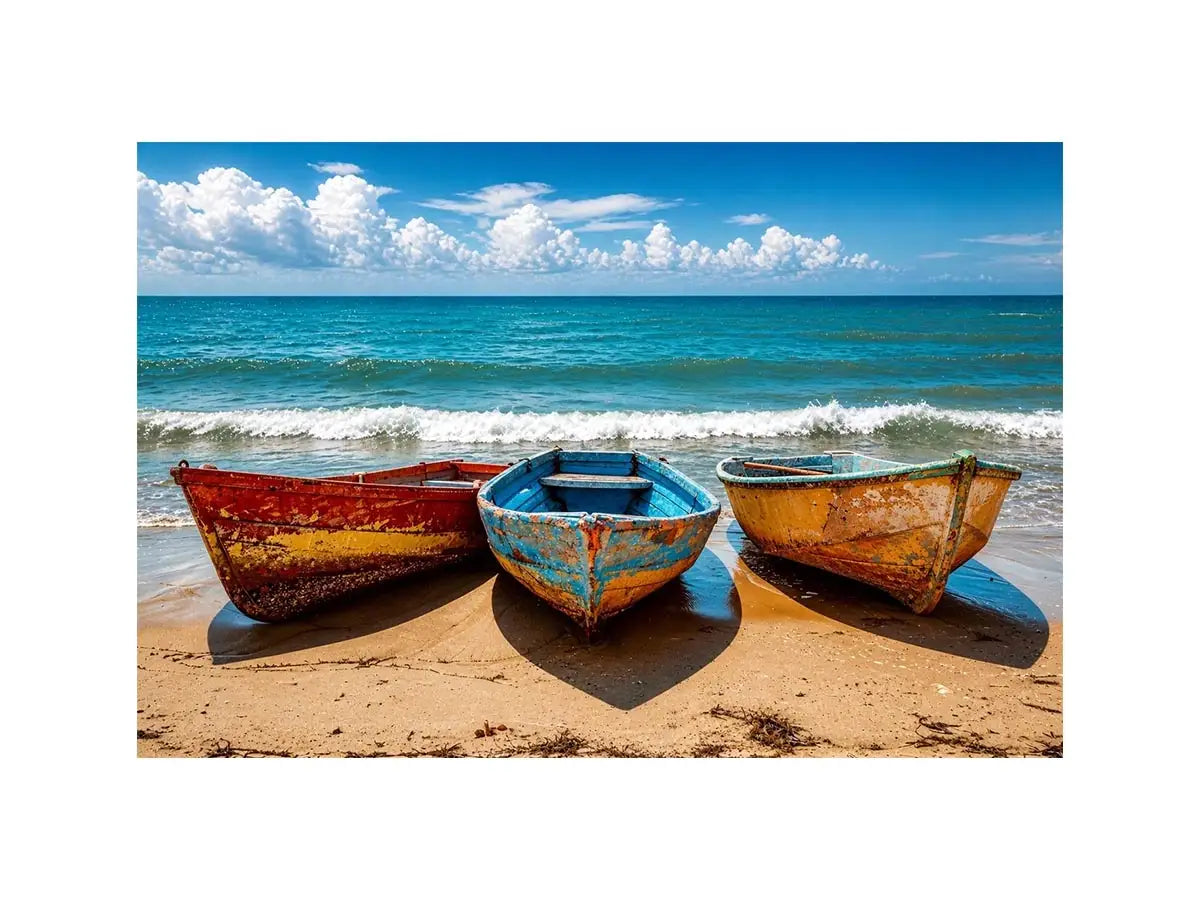 Colorful fishing boats resting on a sandy beach with turquoise ocean and clear sky