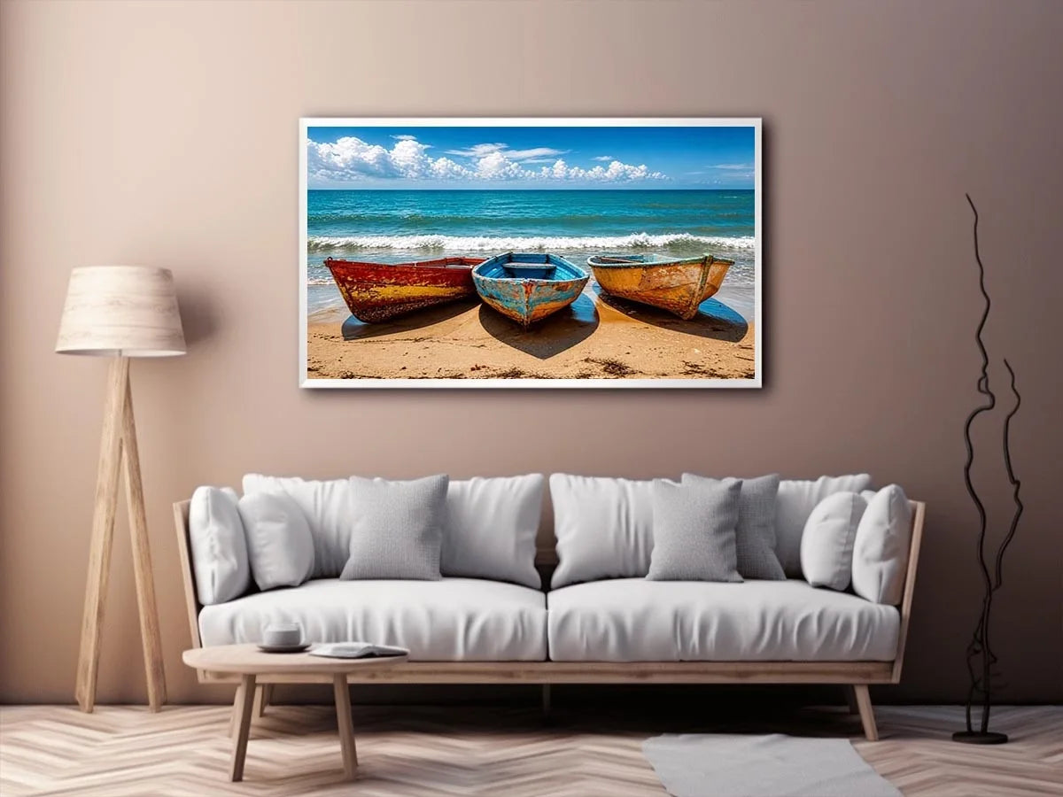 Colorful fishing boats resting on a sandy beach with turquoise ocean and clear sky