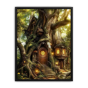 Enchanted forest treehouse wall art glowing magical cottage in ancient tree bright luxury canvas decor