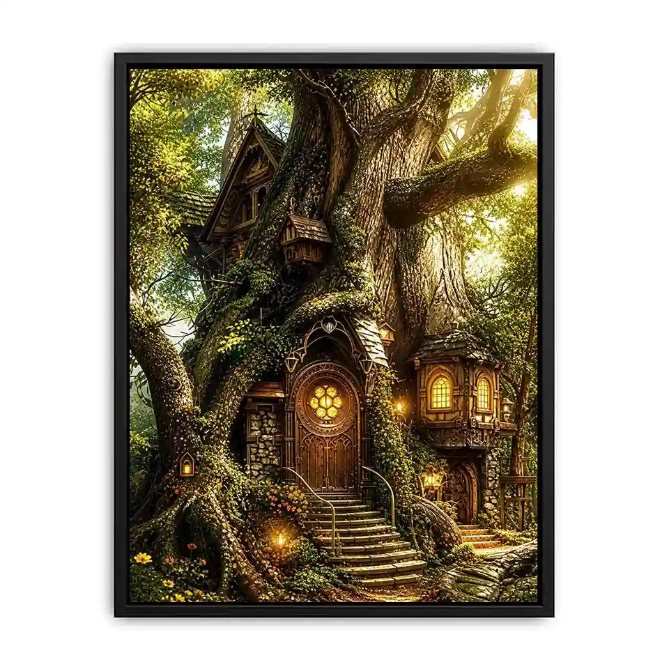 Enchanted forest treehouse wall art glowing magical cottage in ancient tree bright luxury canvas decor