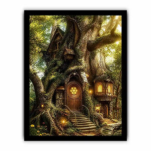 Enchanted forest treehouse wall art glowing magical cottage in ancient tree bright luxury canvas decor