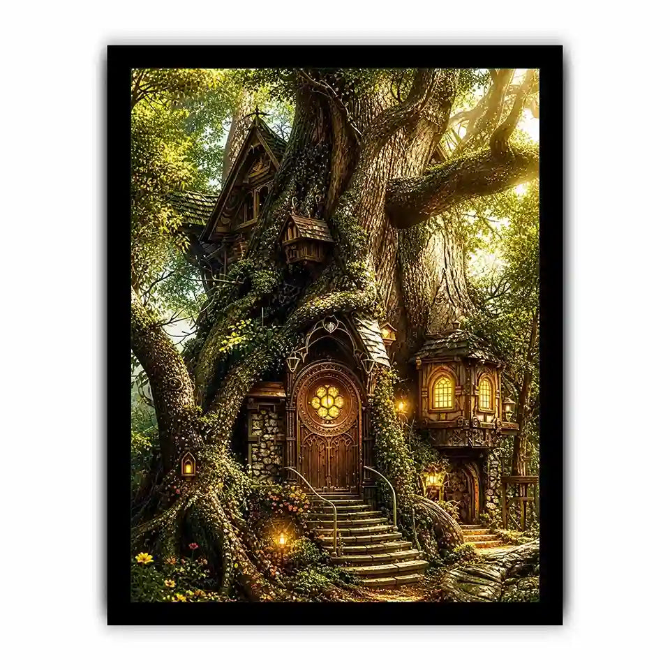 Enchanted forest treehouse wall art glowing magical cottage in ancient tree bright luxury canvas decor