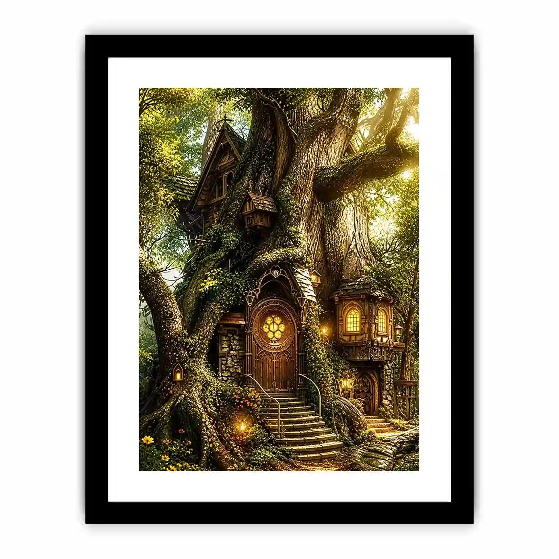 Enchanted forest treehouse wall art glowing magical cottage in ancient tree bright luxury canvas decor