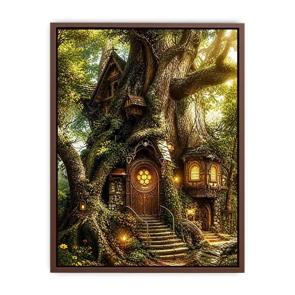 Enchanted forest treehouse wall art glowing magical cottage in ancient tree bright luxury canvas decor