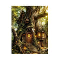 Enchanted forest treehouse wall art glowing magical cottage in ancient tree bright luxury canvas decor