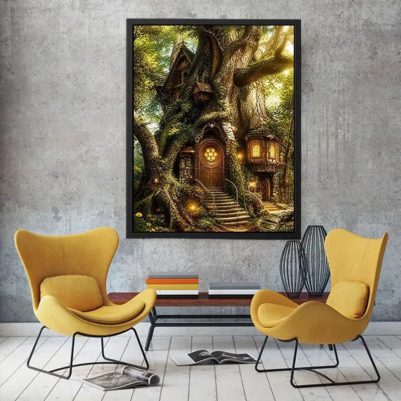 Enchanted forest treehouse wall art glowing magical cottage in ancient tree bright luxury canvas decor
