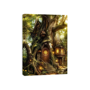 Enchanted forest treehouse wall art glowing magical cottage in ancient tree bright luxury canvas decor