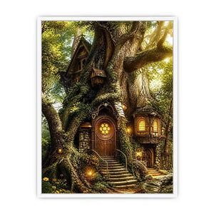 Enchanted forest treehouse wall art glowing magical cottage in ancient tree bright luxury canvas decor