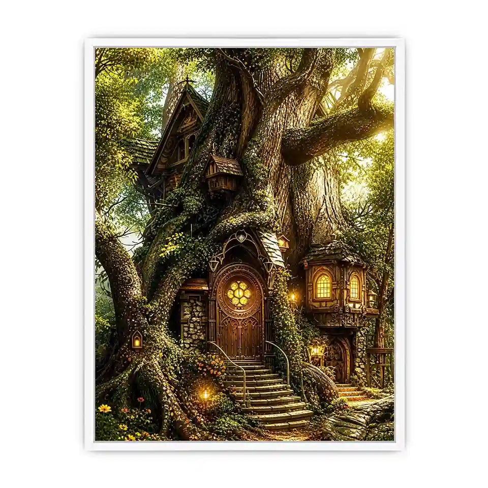 Enchanted forest treehouse wall art glowing magical cottage in ancient tree bright luxury canvas decor