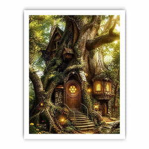 Enchanted forest treehouse wall art glowing magical cottage in ancient tree bright luxury canvas decor