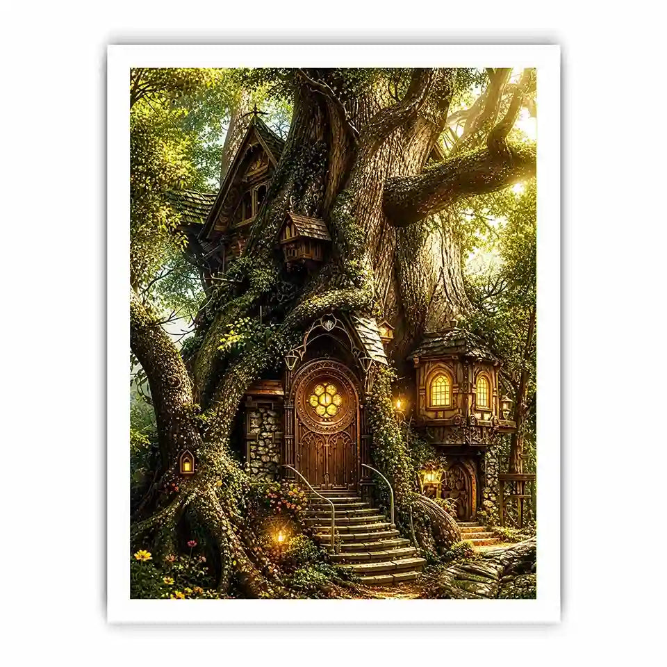 Enchanted forest treehouse wall art glowing magical cottage in ancient tree bright luxury canvas decor