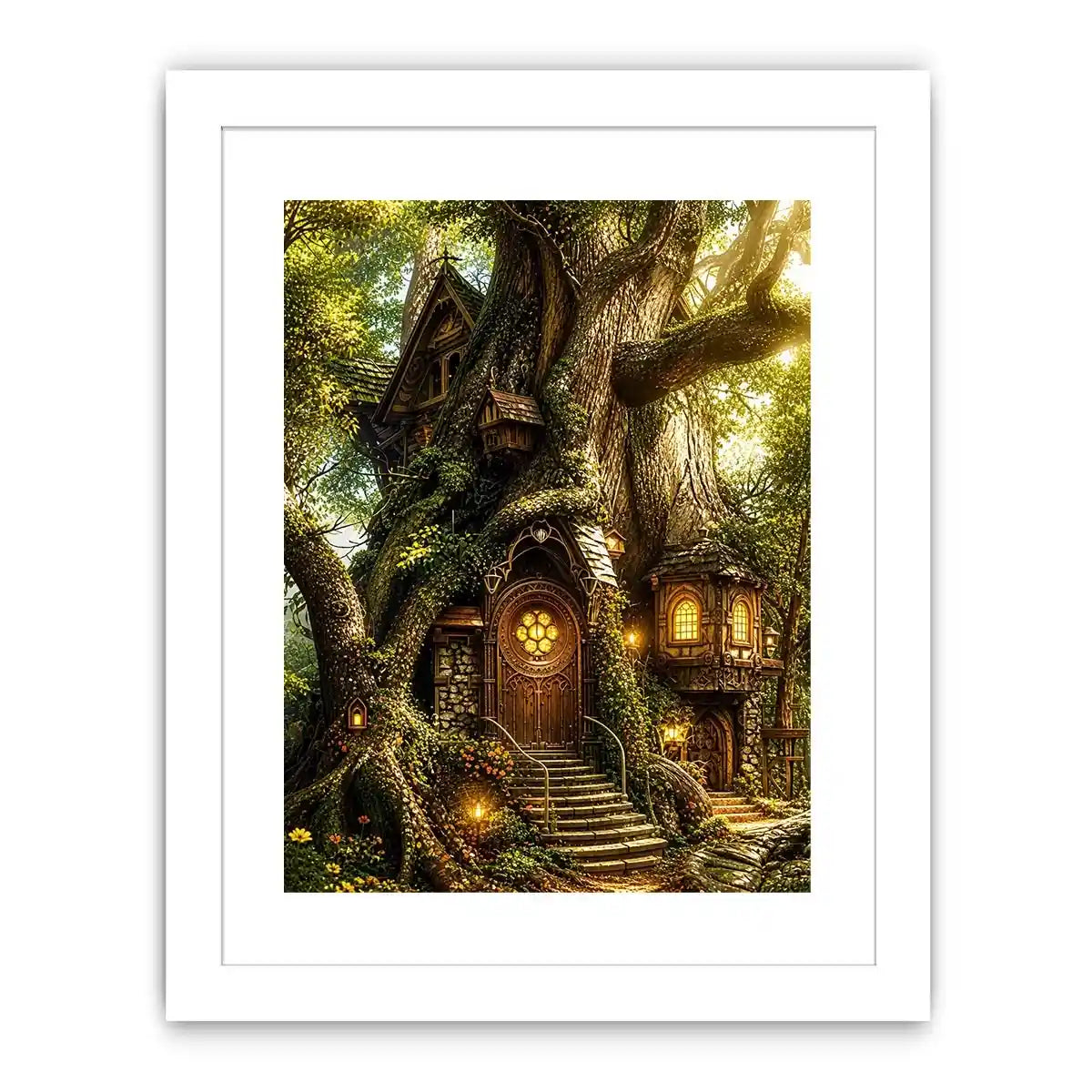 Enchanted forest treehouse wall art glowing magical cottage in ancient tree bright luxury canvas decor