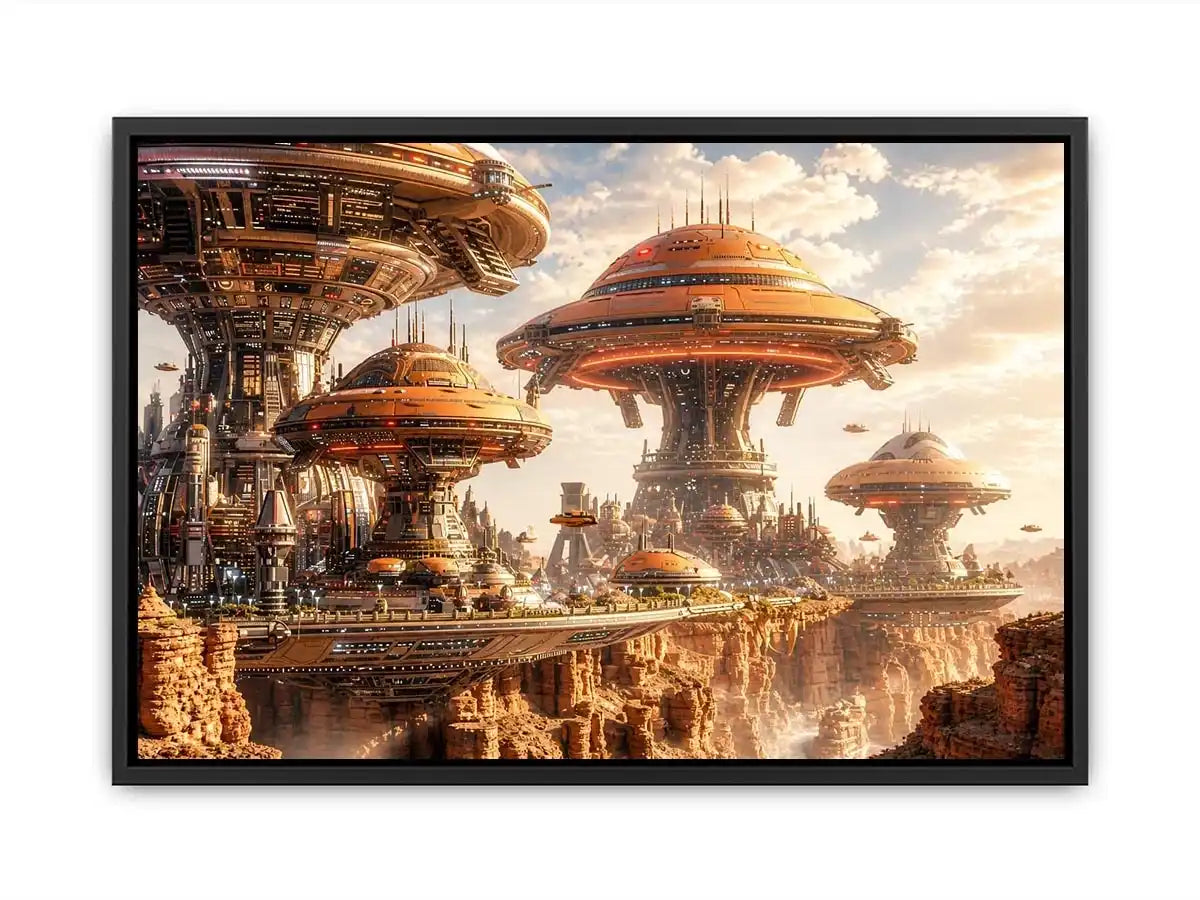 Futuristic sci fi cityscape wall art with glowing architecture and warm neutral tones for modern luxury interiors