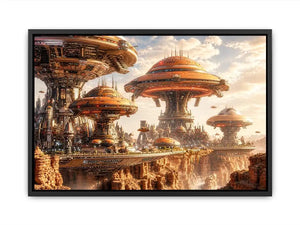 Futuristic sci fi cityscape wall art with glowing architecture and warm neutral tones for modern luxury interiors