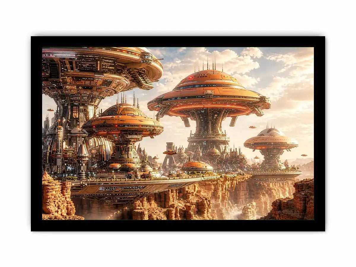 Futuristic sci fi cityscape wall art with glowing architecture and warm neutral tones for modern luxury interiors