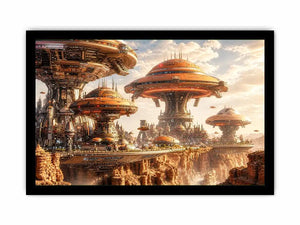 Futuristic sci fi cityscape wall art with glowing architecture and warm neutral tones for modern luxury interiors