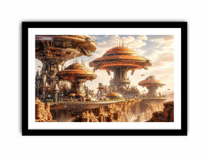 Futuristic sci fi cityscape wall art with glowing architecture and warm neutral tones for modern luxury interiors