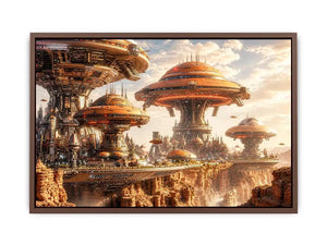 Futuristic sci fi cityscape wall art with glowing architecture and warm neutral tones for modern luxury interiors
