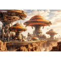 Futuristic sci fi cityscape wall art with glowing architecture and warm neutral tones for modern luxury interiors