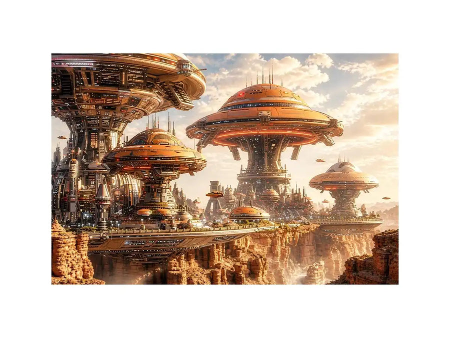 Futuristic sci fi cityscape wall art with glowing architecture and warm neutral tones for modern luxury interiors