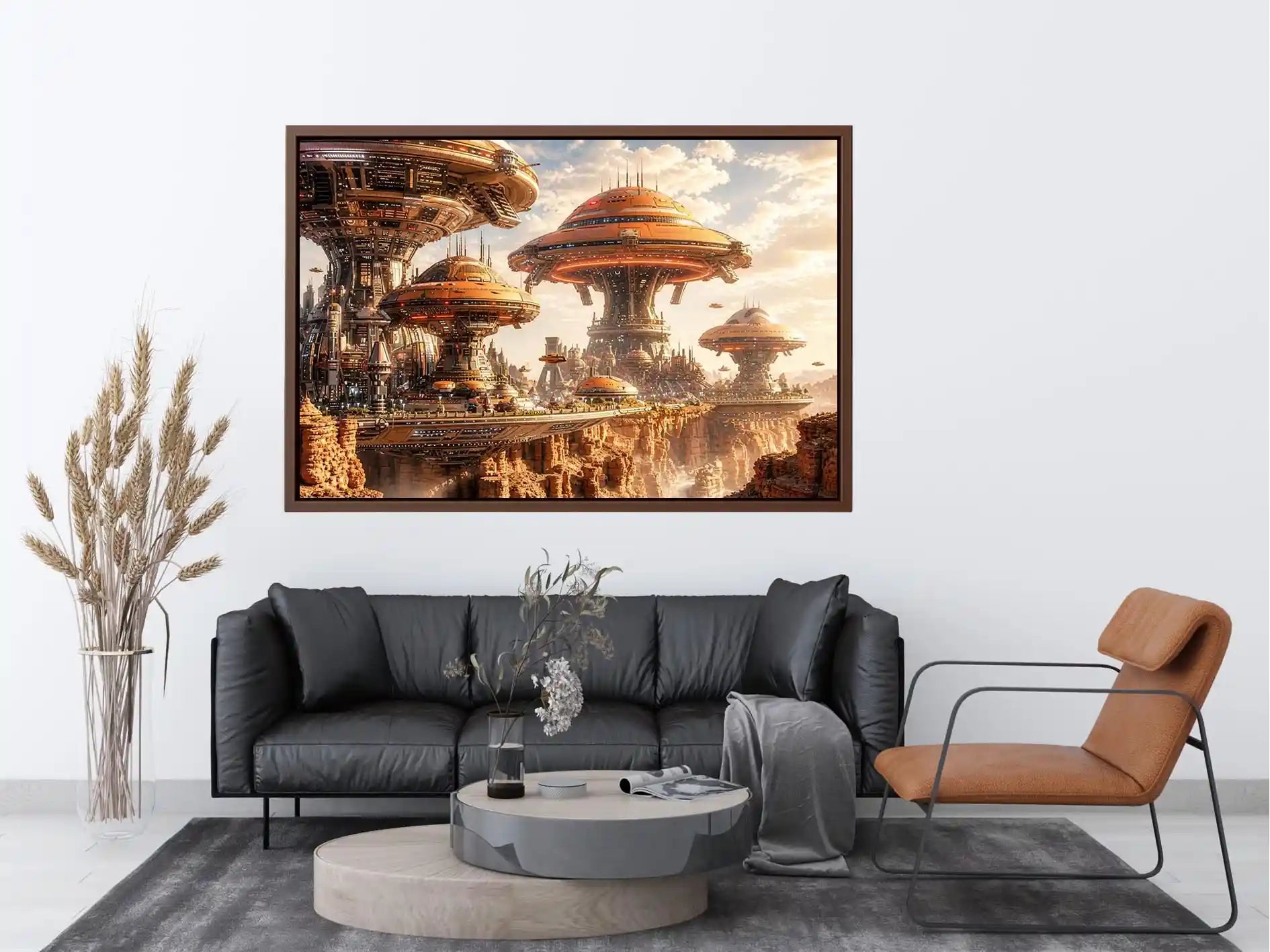 Futuristic sci fi cityscape wall art with glowing architecture and warm neutral tones for modern luxury interiors