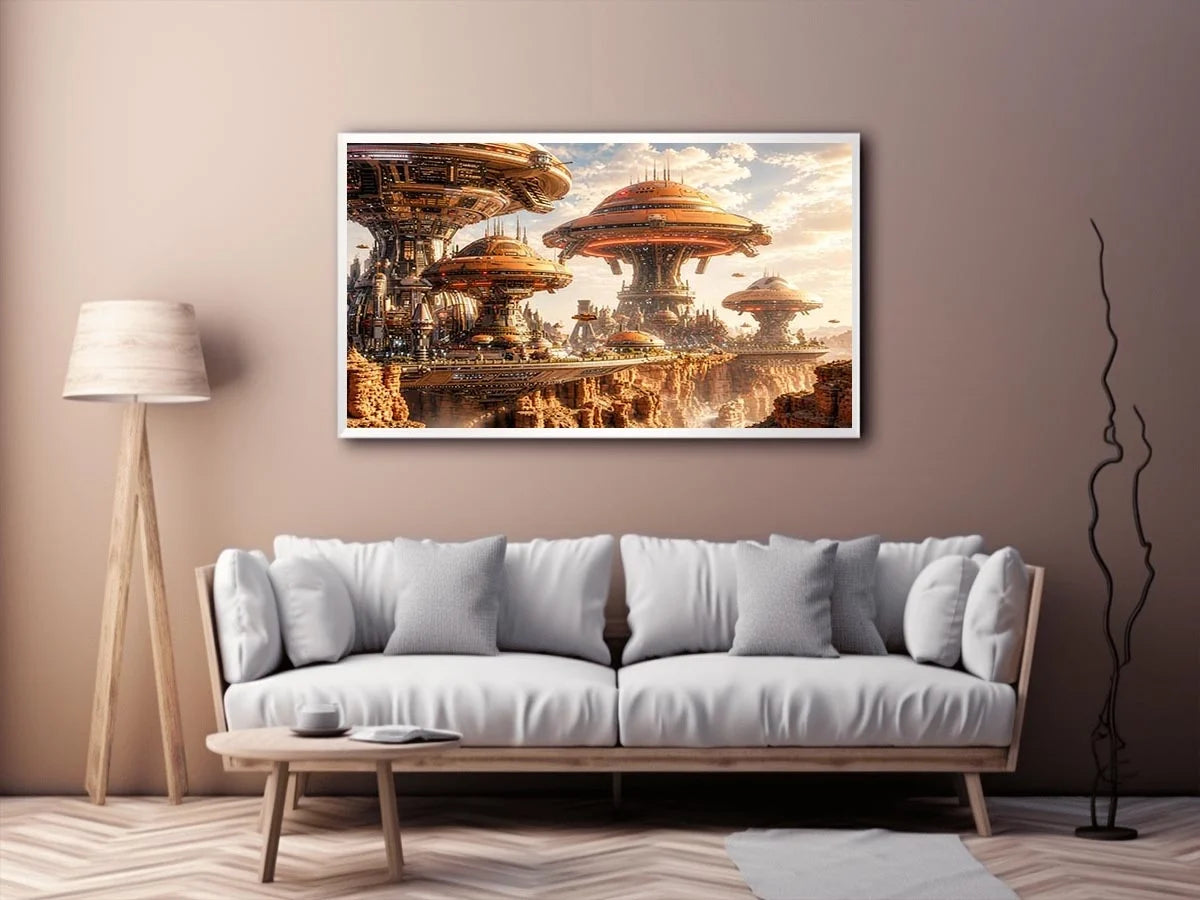 Futuristic sci fi cityscape wall art with glowing architecture and warm neutral tones for modern luxury interiors